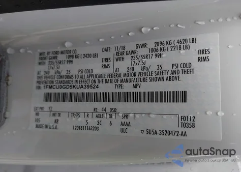 2019 Ford Escape Se z USA, uszkodzony, nr VIN 1FMCU0GD5KUA39524